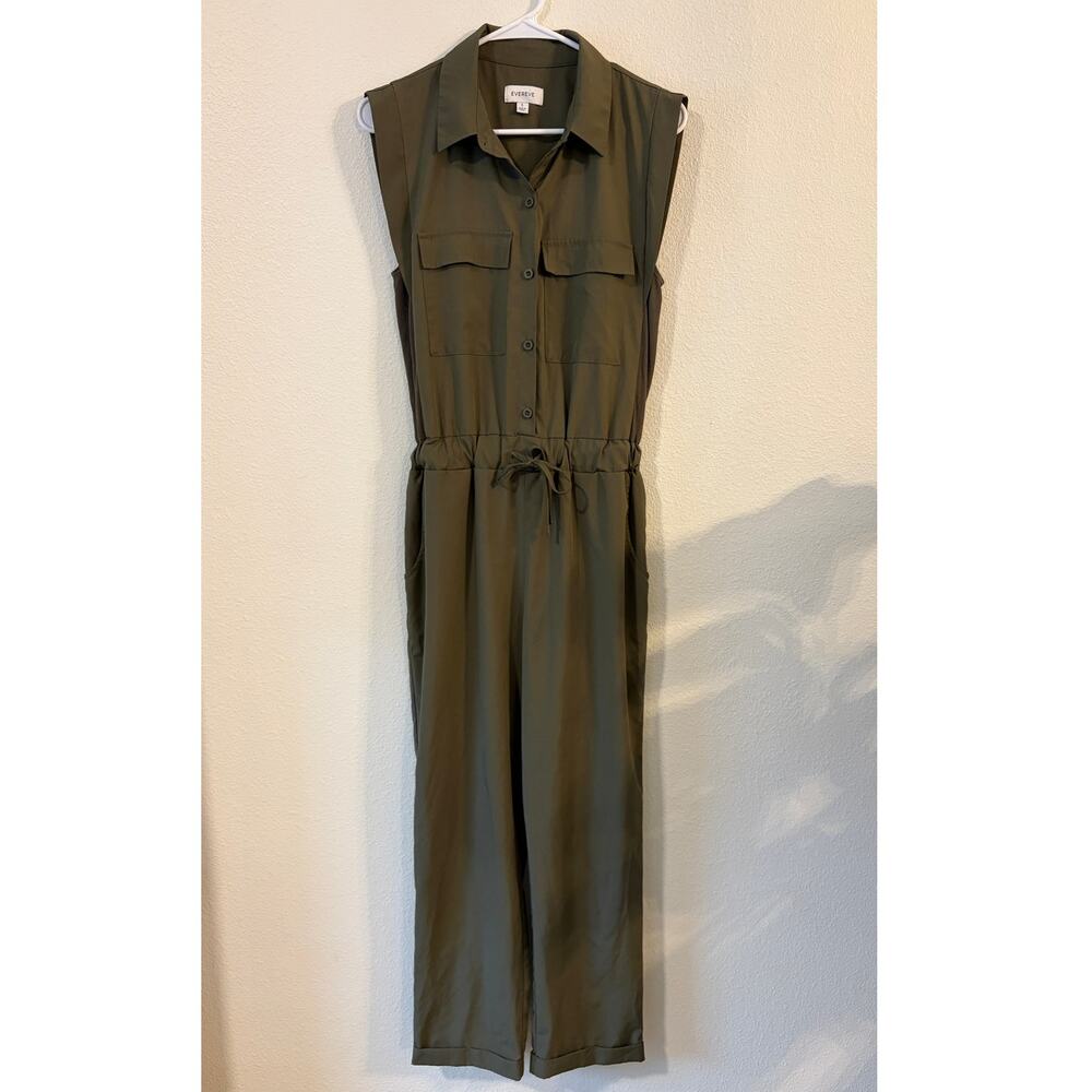 EVEREVE Women’s Utility Jumpsuit Small Olive Green Sleeveless Drawstring Waist